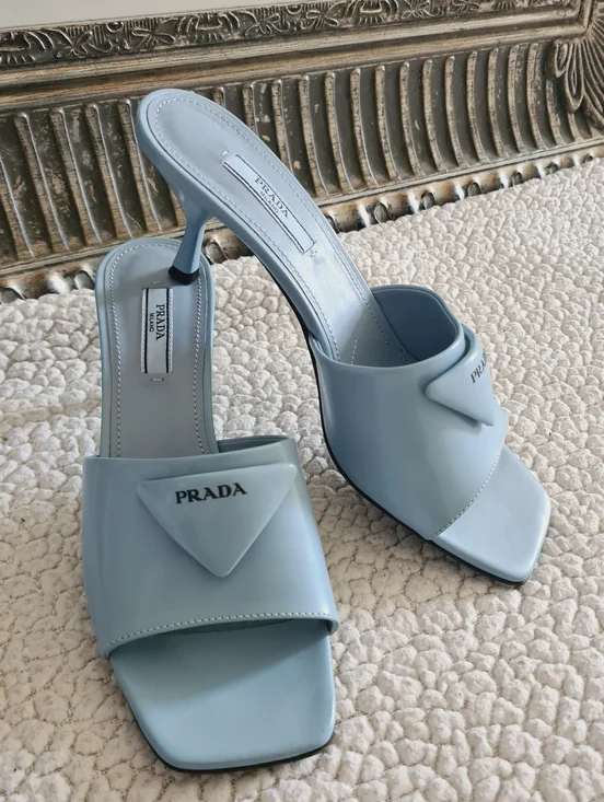 PRADA Burnished Leather Heeled Slide Sandals In Celeste EU 37.5 US 7.5 Org $1295 - Picture 6 of 16